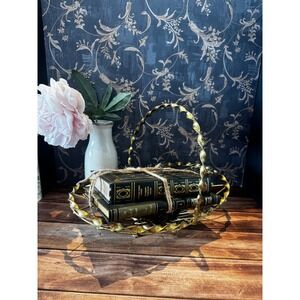Vintage Gold Metal Wire Basket with Twisted Handle and Woven Wicker Base Decor